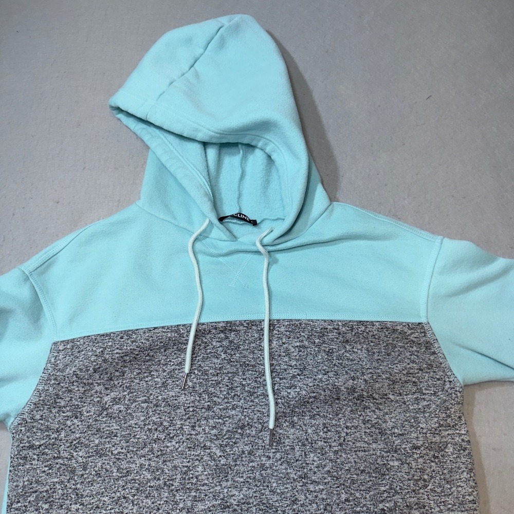 C.CLINE Mens Aqua Blue and Grey Colorblock Fleece Pullover Hoodie‎ Size Large